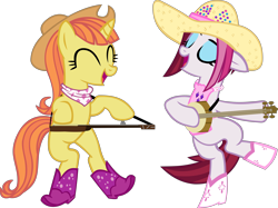 Size: 4186x3130 | Tagged: safe, artist:ironm17, imported from derpibooru, cayenne, citrus blush, pony, unicorn, ^^, banjo, bipedal, boots, country, dobro, eyes closed, female, hat, high res, mare, musical instrument, shoes, shoes only, simple background, transparent background, vector