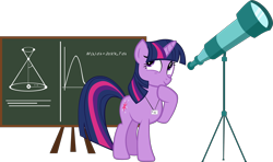 Size: 4671x2756 | Tagged: safe, artist:ironm17, imported from derpibooru, twilight sparkle, pony, unicorn, astronomy, chalkboard, female, grin, high res, hoof on chin, looking sideways, mare, simple background, smiling, solo, telescope, transparent background, unicorn twilight, vector