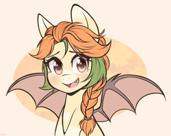 Size: 1109x884 | Tagged: safe, artist:higgly-chan, imported from derpibooru, oc, oc only, oc:autumn harvest, bat pony, pony, blushing, braid, bust, cute, fangs, female, looking at you, mare, smiling, solo, spread wings, wings