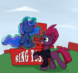 Size: 1954x1842 | Tagged: safe, artist:taurson, imported from derpibooru, fizzlepop berrytwist, princess luna, tempest shadow, pony, clothes, luna plushie, magic, plushie, ring toss, shirt