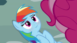 Size: 1280x720 | Tagged: safe, edit, edited screencap, imported from derpibooru, screencap, pinkie pie, rainbow dash, pinkie pride, season 4, blushing, implied lesbian, implied pinkiedash, implied shipping, lidded eyes