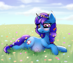 Size: 3500x3000 | Tagged: safe, artist:cornelia_nelson, imported from derpibooru, oc, oc only, oc:delly, pony, unicorn, belly blush, blushing, cute, female, flower, flower in hair, happy, lying down, mare, pregnant, prone, smiling, solo