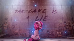 Size: 1920x1080 | Tagged: safe, artist:radioaxi, artist:reterica, imported from derpibooru, pinkie pie, earth pony, pony, crossover, eyes closed, female, graffiti, pinkamena diane pie, portal, portal (valve), sad, solo, the cake is a lie