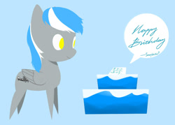 Size: 736x528 | Tagged: safe, artist:depland, imported from derpibooru, oc, oc:antimony, oc:sbstonebull, pegasus, pony, birthday, birthday cake, blue background, cake, food, grey skin, male, no tail, simple background, solo, yellow eyes