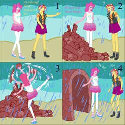 Size: 2000x2000 | Tagged: safe, artist:lzh, imported from derpibooru, pinkie pie, sunset shimmer, equestria girls, comic, fast, female, hole, impossible, old master q, rain, rock, stone