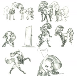 Size: 1400x1385 | Tagged: safe, artist:baron engel, imported from derpibooru, rarity, oc, oc:petina, pony, semi-anthro, unicorn, boots, butt, clothes, featureless crotch, female, leather, leather boots, mare, mirror, monochrome, pencil drawing, plot, shoes, socks, story included, thigh highs, traditional art