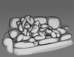 Size: 1280x996 | Tagged: safe, artist:captainhoers, imported from derpibooru, oc, oc:pastel pastiche, oc:stick shift, pegasus, pony, unicorn, augmented, couch, cuddling, female, male, mare, monochrome, pastick, sierra nevada, sketch, sleeping, stallion