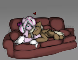 Size: 1280x996 | Tagged: safe, artist:captainhoers, imported from derpibooru, oc, oc:pastel pastiche, oc:stick shift, pegasus, pony, unicorn, augmented, colored, couch, cuddling, female, male, mare, pastick, sierra nevada, sleeping, stallion