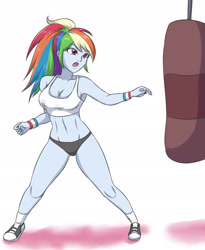 Size: 1764x2152 | Tagged: safe, artist:sumin6301, imported from derpibooru, rainbow dash, equestria girls, armpits, breasts, busty rainbow dash, cleavage, clothes, converse, female, open mouth, punching bag, shoes, solo, sports bra, sports panties, workout