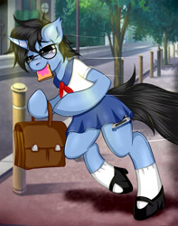 Size: 1889x2393 | Tagged: safe, artist:willymon, imported from derpibooru, oc, oc only, oc:tinker doo, semi-anthro, unicorn, bag, bread, clothes, crossdressing, food, glasses, male, schoolgirl, schoolgirl toast, shoes, skirt, solo