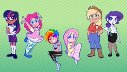 Size: 1920x1098 | Tagged: safe, artist:pukopop, imported from derpibooru, applejack, fluttershy, pinkie pie, rainbow dash, rarity, twilight sparkle, human, clothes, converse, dark skin, glasses, humanized, long skirt, mane six, shoes, skirt, sports bra, sweater, sweatershy