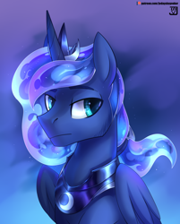 Size: 2416x3000 | Tagged: safe, artist:jedayskayvoker, imported from derpibooru, princess luna, alicorn, pony, armor, bust, feathered wings, folded wings, high res, horn, lidded eyes, male, patreon, patreon logo, portrait, prince artemis, rcf community, rule 63, solo, stallion, wings