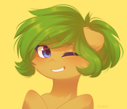 Size: 1058x907 | Tagged: dead source, safe, artist:floweryoutoday, artist:solnuh, imported from derpibooru, oc, oc only, oc:oasis, earth pony, pony, blushing, bust, cheek fluff, female, floppy ears, looking at you, one eye closed, simple background, smiling, solo