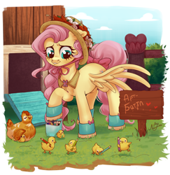 Size: 1940x2000 | Tagged: safe, artist:ariamidnighters, imported from derpibooru, fluttershy, bird, chicken, pegasus, pony, boots, bow, braid, chicken coop, collar, color pencil, colored pencil drawing, coloured pencil, cottagecore, cute, cyrillic, daaaaaaaaaaaw, female, fence, floppy ears, flower hat, hat, heart, heart eyes, hen, looking at something, looking down, mare, one wing out, outdoors, pencil, pencil case, raised hoof, russian, shirt collar, shirtless shirt collar, shoes, shyabetes, sign, smiling, solo, spread wings, standing, tabun art-battle, tabun art-battle cover, tail bow, three quarter view, translated in the description, wholesome, wingding eyes, wings