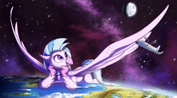 Size: 4112x2281 | Tagged: safe, artist:tsitra360, imported from derpibooru, silverstream, classical hippogriff, hippogriff, atmosphere, commission, cute, diastreamies, equestria, female, giant hippogriff, giant/macro hippogriff, giantess, giga giant, gigastream, high res, macro, moon, ocean, planet, scenery, scenery porn, spaceship