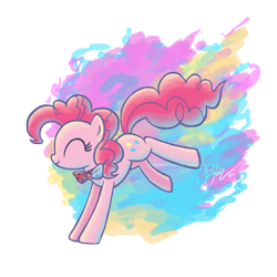 Size: 1440x1440 | Tagged: dead source, safe, artist:joellethenose, imported from derpibooru, pinkie pie, earth pony, pony, bowtie, bucking, colored background, cute, diapinkes, eyes closed, female, happy, jumping, mare, png, profile, signature, simple background, smiling, solo, transparent background