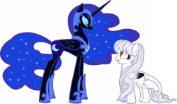 Size: 1066x627 | Tagged: safe, artist:ronyardraws, imported from derpibooru, nightmare moon, oc, alicorn, pegasus, pony, base used, canon x oc, ethereal mane, female, helmet, hoof shoes, leonine tail, lesbian, open mouth, pegasus oc, peytral, simple background, size difference, smiling, starry mane, transparent background, wings