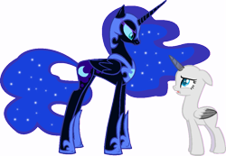 Size: 905x627 | Tagged: safe, artist:yaribases, imported from derpibooru, nightmare moon, oc, alicorn, alicorn oc, base, duo, ethereal mane, helmet, hoof shoes, horn, open mouth, peytral, simple background, starry mane, tall alicorn, transparent background, wings, worried