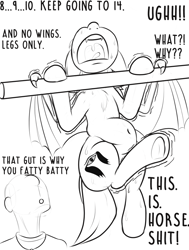 Size: 741x980 | Tagged: safe, artist:anonymous, imported from derpibooru, oc, oc only, oc:anon, oc:mostyn, bat pony, /mlp/, bat pony oc, bat wings, belly button, chest fluff, chubby, monochrome, pullup, sweat, text, vulgar, wings