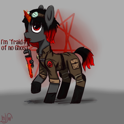 Size: 4000x4000 | Tagged: safe, artist:mjsw, imported from derpibooru, oc, oc:ada, pony, unicorn, d'lirium, ghostbusters, magic, monologue, pentagram, reference, sketch, talking, wrench