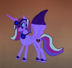 Size: 640x601 | Tagged: safe, artist:whistle blossom, imported from derpibooru, princess cadance, oc, oc only, oc:bleeding heart, alicorn, pony, digital art, evil, female, ms paint, orange background, simple background, solo, standing