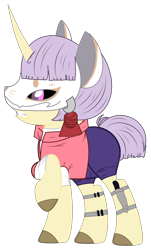 Size: 1658x2747 | Tagged: safe, artist:celestial-rue0w0, artist:rukemon, imported from derpibooru, oc, oc only, oc:miami edge, pony, unicorn, clothes, commission, female, gritted teeth, jacket, knife, leather jacket, mare, mask, raised hoof, shirt, shorts, simple background, solo, transparent background