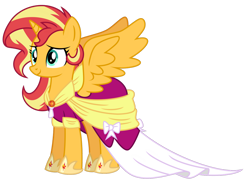 Size: 1024x754 | Tagged: safe, artist:emeraldblast63, imported from derpibooru, sunset shimmer, alicorn, pony, magical mystery cure, alicornified, alternate hairstyle, clothes, clothes swap, coronation, coronation dress, dress, female, geode of empathy, magical geodes, race swap, shimmercorn, simple background, smiling, solo, transparent background