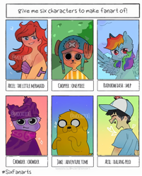 Size: 662x823 | Tagged: safe, artist:mochiich1, imported from derpibooru, rainbow dash, anthro, dog, human, mermaid, six fanarts, adventure time, anthro with ponies, antlers, ariel, chopper, chowder, chowder (character), clothes, crossover, hat, jake the dog, male, one piece, smiling, the little mermaid, tony tony chopper, white eyes, wide eyes