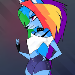 Size: 735x735 | Tagged: safe, artist:emotionalhugz, edit, imported from derpibooru, rainbow dash, anthro, demon, hellhound, wolf, 2020, 2020s, blue fur, choker, clothes, confident, female, fingerless gloves, gloves, hand on hip, helluva boss, loona (helluva boss), pink eyes, recolor, sexy, shorts, species swap, spiked choker, tomboy, wolf dash, wolfified