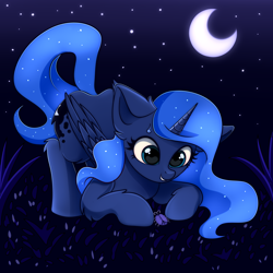 Size: 3000x3000 | Tagged: safe, artist:mite-lime, imported from derpibooru, princess luna, alicorn, insect, pony, cute, ear fluff, face down ass up, female, high res, leg fluff, lunabetes, moon, night, solo, sweat, sweatdrop