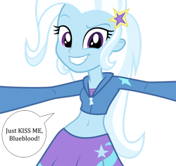 Size: 1280x1201 | Tagged: safe, artist:ponyalfonso, edit, imported from derpibooru, prince blueblood, trixie, equestria girls, belly button, bluetrix, clothes, cropped hoodie, female, imminent kissing, male, midriff, perspective, shipping, short shirt, simple background, skirt, solo, speech bubble, straight, transparent background, vector