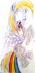 Size: 1457x3032 | Tagged: safe, artist:colossalstinker, imported from derpibooru, derpy hooves, pegasus, pony, fart, female, mare, rainbow fart, solo, tongue out, traditional art