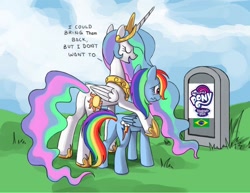 Size: 1080x832 | Tagged: safe, artist:php58, artist:ponykillerx, imported from derpibooru, princess celestia, rainbow dash, alicorn, pegasus, pony, brazil, butt, celestia's grave meme, crying, end of an era, end of g4, end of ponies, exploitable meme, female, gravestone, implied death, in-universe pegasister, mare, meme, my little pony logo, plot, rest in peace, the end, tombstones, translated in the comments