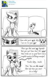 Size: 2381x3787 | Tagged: safe, artist:chopsticks, imported from derpibooru, pinkie pie, cat, earth pony, pony, comic:wtb is this?, cheek fluff, chest fluff, comic, couch, cuddling, cute, ear fluff, female, glare, grayscale, hoof fluff, kitten, looking at each other, male, monochrome, pinkamena diane pie, pure unfiltered evil, purring, simple background, unamused