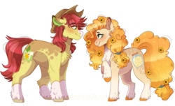 Size: 1145x698 | Tagged: safe, artist:wanderingpegasus, imported from derpibooru, bright mac, pear butter, earth pony, pony, blushing, character design, chest fluff, coat markings, cute couple, digital art, eye contact, female, flower, flower in hair, freckles, hat, headcanon, ibispaint x, looking at each other, male, mare, markings, pale belly, redesign, simple background, smiling, socks (coat marking), socks (coat markings), stallion, unshorn fetlocks, white background