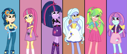 Size: 1227x518 | Tagged: safe, alternate version, artist:sarahalen, imported from derpibooru, indigo zap, lemon zest, sci-twi, sour sweet, sugarcoat, sunny flare, twilight sparkle, equestria girls, alternate universe, shadow five, shadow six, shine like rainbows