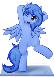 Size: 1026x1451 | Tagged: safe, artist:icy wings, imported from derpibooru, oc, oc only, oc:frost soar, pegasus, pony, bipedal, happy, one eye closed, solo, wink