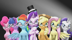 Size: 1920x1080 | Tagged: safe, artist:princess-worlds-sfm, imported from derpibooru, applejack, fluttershy, pinkie pie, rainbow dash, rarity, starlight glimmer, twilight sparkle, earth pony, pegasus, pony, unicorn, 3d, abstract background, applejack's hat, cane, coffin dance, cowboy hat, glasses, hat, looking at you, mane six, simple background, smiling, smiling at you, source filmmaker, standing on two hooves, top hat, unicorn twilight, youtube link, youtube screencap