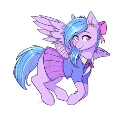 Size: 680x622 | Tagged: safe, artist:gittykitty264, imported from derpibooru, oc, oc only, pegasus, pony, clothes, ear piercing, earring, female, flying, jewelry, mole, piercing, shirt, skirt, smiling, solo