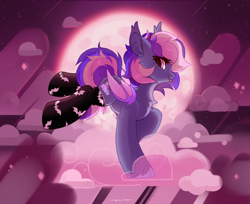 Size: 2700x2200 | Tagged: safe, artist:zlatavector, imported from derpibooru, oc, oc only, oc:midnight mist, bat, bat pony, pegasus, pony, clothes, cloud, commission, cute, female, filly, moon, socks, solo