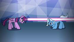 Size: 1920x1080 | Tagged: safe, artist:platinumdrop, imported from derpibooru, trixie, twilight sparkle, alicorn, dodge, fight, laser beam, request, twilight sparkle (alicorn)