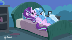 Size: 4443x2501 | Tagged: safe, alternate version, artist:gutovi, imported from derpibooru, starlight glimmer, trixie, pony, unicorn, bed, blushing, cuddling, female, fourth wall, lesbian, looking at you, shipping, show accurate, smug, starlight's room, startrix