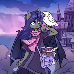 Size: 1920x1920 | Tagged: safe, artist:shooshaa, imported from derpibooru, oc, oc only, oc:dusk rhine, anthro, bat pony, bird, owl, adventurer, clothes, cute, female, pet, robe, satchel, solo, wand, wizard