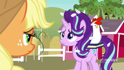 Size: 1280x720 | Tagged: safe, imported from derpibooru, screencap, applejack, starlight glimmer, harvesting memories, spoiler:harvesting memories, spoiler:mlp friendship is forever