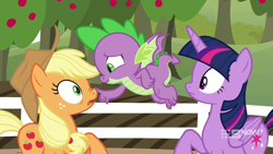 Size: 1280x720 | Tagged: safe, imported from derpibooru, screencap, applejack, spike, twilight sparkle, alicorn, dragon, earth pony, pony, harvesting memories, spoiler:harvesting memories, spoiler:mlp friendship is forever, apple, apple tree, boop, female, fence, male, mare, sweet apple acres, tree, twilight sparkle (alicorn), winged spike, wings