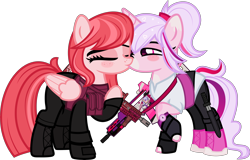 Size: 7000x4473 | Tagged: safe, artist:n0kkun, imported from derpibooru, oc, oc:sakura scorch, oc:sweeten dreams, pegasus, pony, unicorn, armor, ash-12.7, assault rifle, belt, blushing, body armor, boots, clothes, converse, eyes closed, eyeshadow, female, fingerless gloves, freckles, g36, gloves, gun, heckler and koch, kissing, knife, leggings, lesbian, makeup, mare, markings, multicolored mane, oc x oc, pants, pouch, raised hoof, rifle, shipping, shirt, shoes, watch, weapon, wristwatch