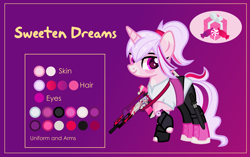 Size: 3001x1881 | Tagged: safe, artist:n0kkun, imported from derpibooru, oc, oc only, oc:sweeten dreams, pony, unicorn, assault rifle, belt, boots, clothes, female, fingerless gloves, freckles, g36, gloves, gun, heckler and koch, knife, leggings, mare, markings, multicolored mane, raised hoof, reference sheet, rifle, shirt, shoes, solo, watch, weapon, wristwatch