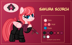 Size: 3001x1881 | Tagged: safe, artist:n0kkun, imported from derpibooru, oc, oc only, oc:sakura scorch, pegasus, pony, armor, ash-12.7, assault rifle, body armor, boots, clothes, female, freckles, gloves, gun, mare, pants, pouch, raised hoof, reference sheet, rifle, shoes, solo, weapon