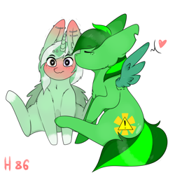 Size: 6000x6000 | Tagged: safe, artist:henneysee86, imported from derpibooru, oc, oc:jester pi, oc:shining emerald, pegasus, blushing, cute, heart, horn, kissing, simple background, smootch, white background, wings