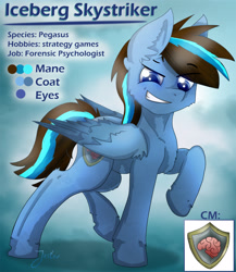 Size: 2814x3243 | Tagged: safe, artist:jesterpi, imported from derpibooru, oc, oc:iceberg skystriker, pegasus, blue, cold, color, cool, cutie mark, reference sheet, smiling, smirk, standing, text, wings